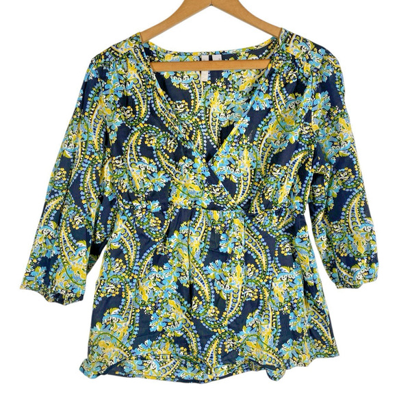Old Navy Babydoll Top Sz Medium Paisley Blue Yellow Y2K Boho Peasant Cottagecore - Picture 1 of 10